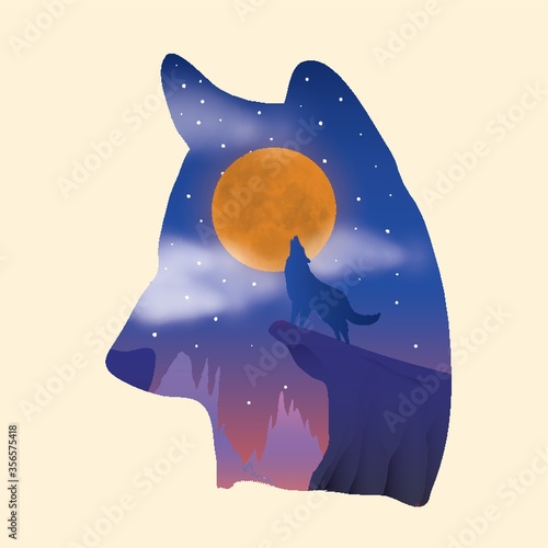double exposure of wolf and night sky
