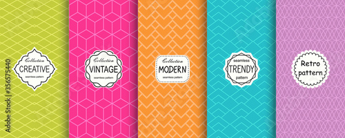 Vector geometric seamless patterns collection. Set of bright colorful background swatches with elegant minimal labels. Cute trendy textures on vibrant background. Modern design