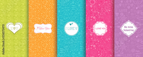 Set of Abstract seamless hand drawn patterns with hearts on vibrant background. Template greeting card, invitation and advertising banner, brochure. Bright Valentine cards