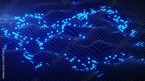 Shockwave on surface of blue glowing spheres 3D rendering illustration