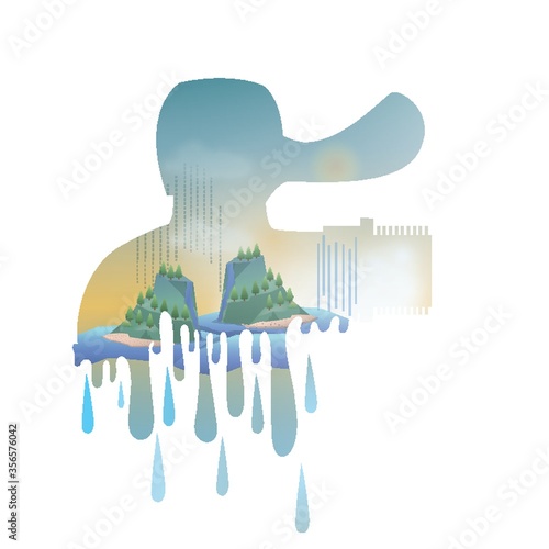 double exposure of water tap and island