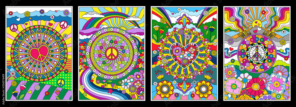 1960s Hippie Style Background Set, Psychedelic Art, Abstract Patterns, Love  and Peace Symbols, Hearts, Flowers, Rainbows Stock Vector | Adobe Stock