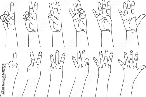 Numbers from one to five, hand gestures in various sides view. Concept of finger counting in sign language. Vector illustration in outline style isolated on white background. 