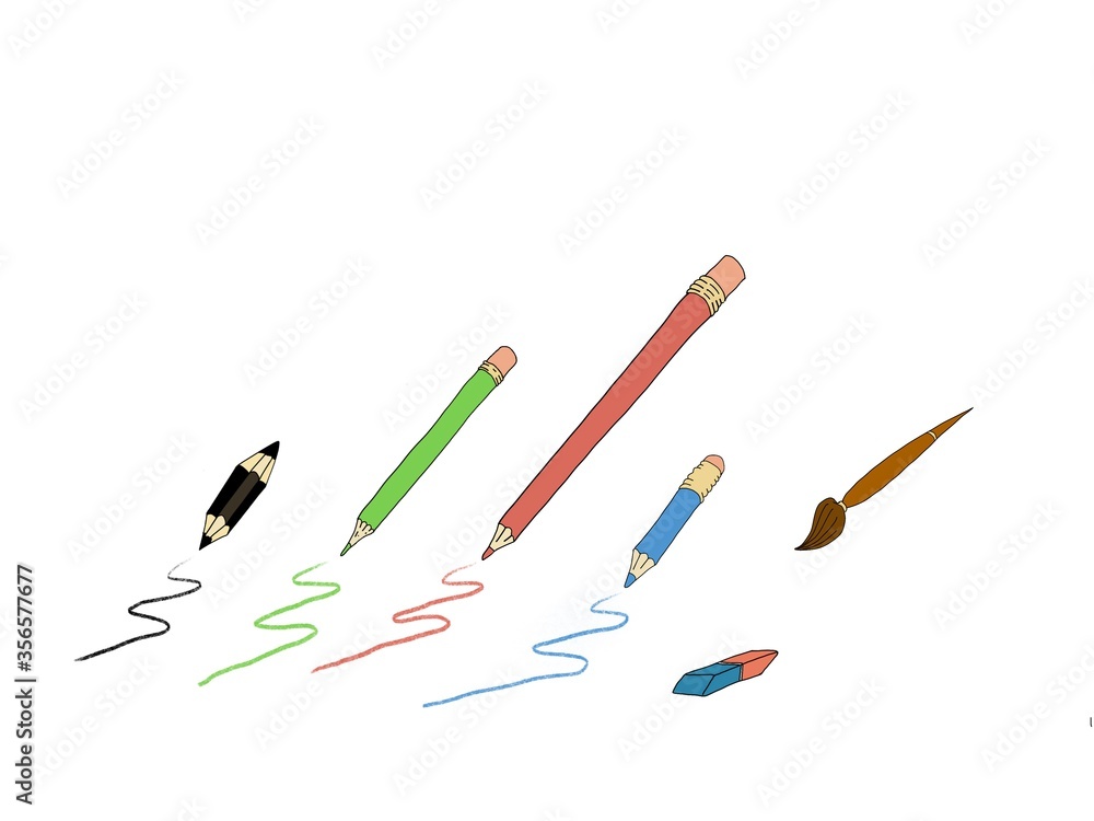 Pencils of different colors and lengths on a white background.