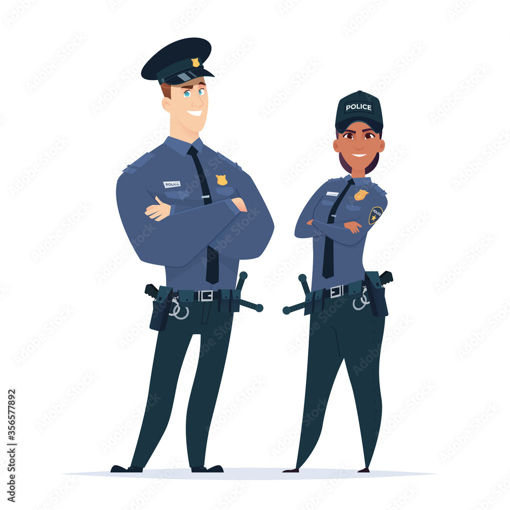 Police officer couple in the uniform standing. Police characters. Public safety officers. Guardians of law and order Police officer couple in the uniform standing. Police characters. Public safety officers. Guardians of law and order
