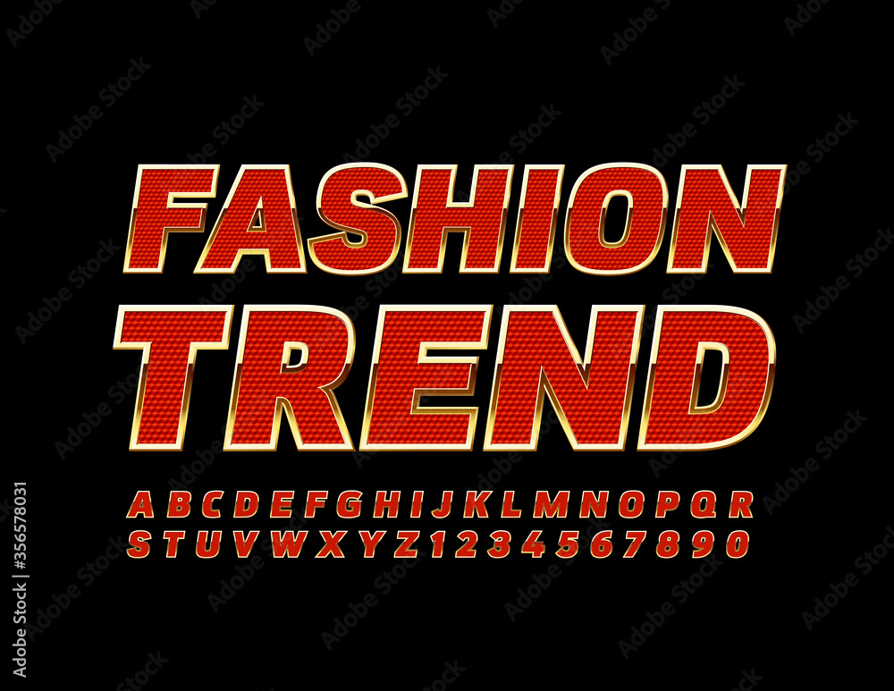 Vector chic logo Fashion Trend. Textured Red and Golden Font. Luxury Alphabet Letters and Numbers