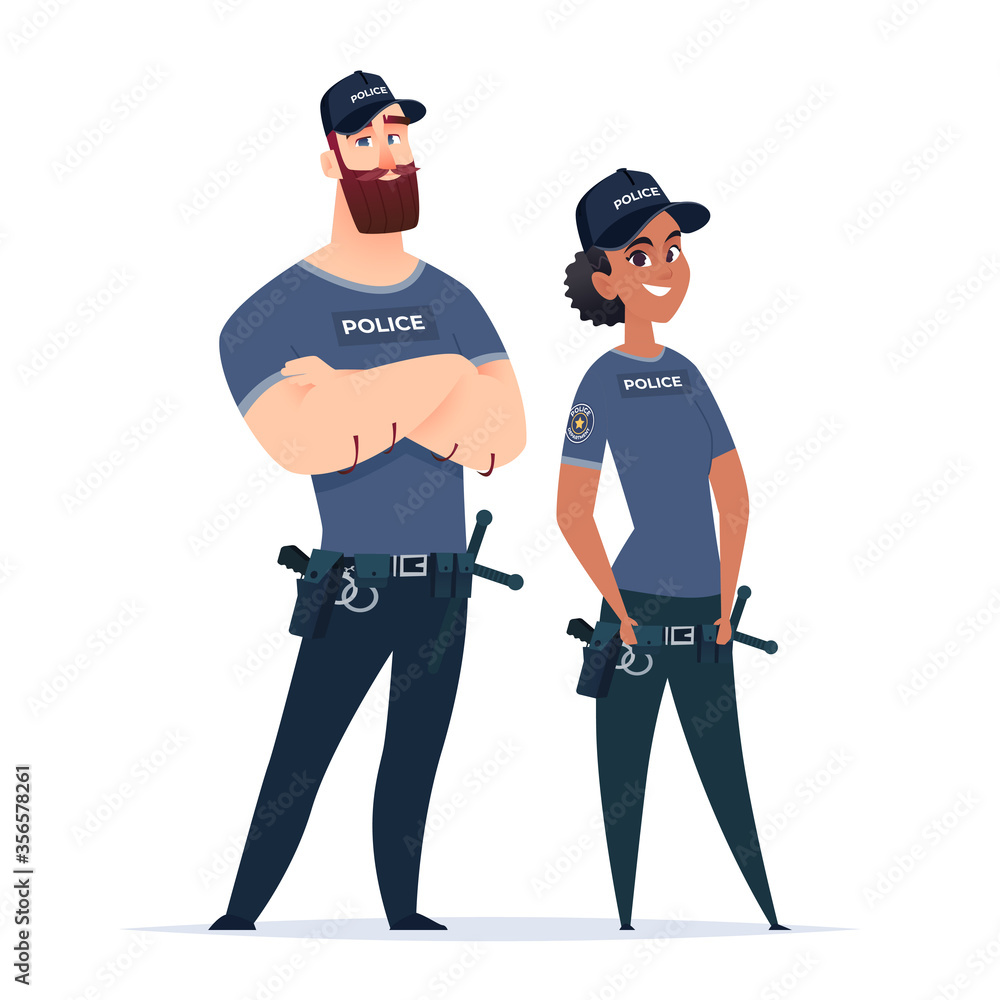 Police officer couple in the uniform standing. Police characters. Public safety officers. Guardians of law and order Police officer couple in the uniform standing. Police characters. Public safety officers. Guardians of law and order
