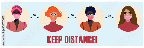 Women of different nationalities in medical masks. African American, European. Social distance.