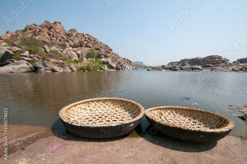 Canvas Print boats on the river tungabhadra