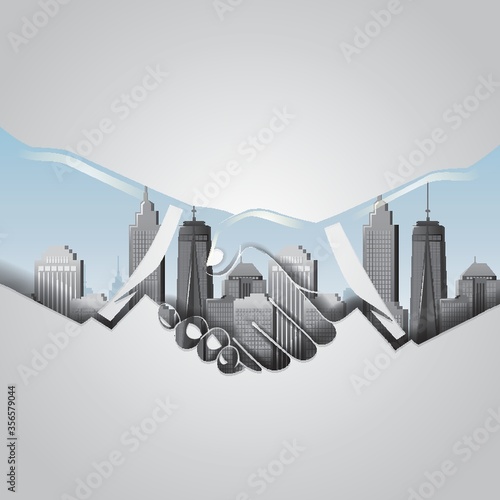 double exposure of handshake and cityscape