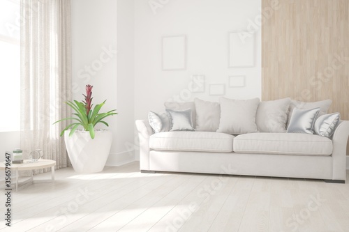 modern room with sofa,pillows,curtains,table and plants interior design. 3D illustration
