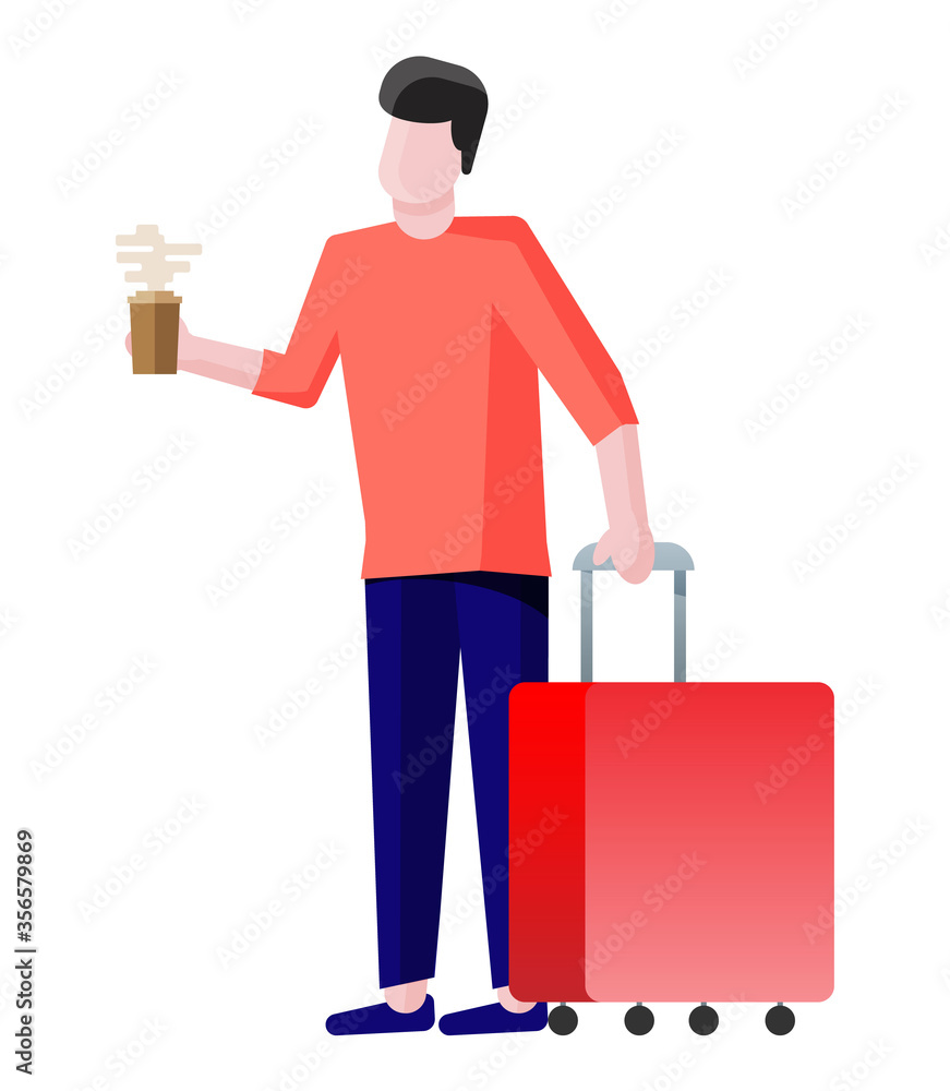 Man with travel bag. Tourist with suitcase and glass of coffee goes to airport. Isolated flat vector illustration Man with travel bag. Tourist with suitcase and glass of coffee goes to airport. Isolated flat vector illustration