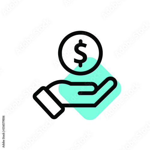 Hand holding a dollar coin, representing finance, investment, or giving, on a light blue background.