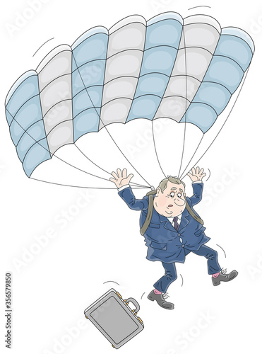 Businessman with his briefcase flying down by parachute after business failure, vector cartoon illustration isolated on a white background