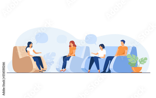 Group therapy and support concept. People meeting together to discuss addiction problem with psychologist. Flat vector illustration for counselling and help topics