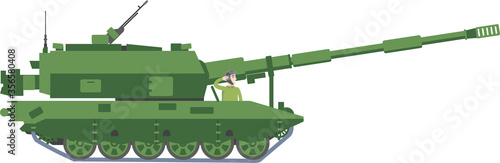 Military equipment. The newest modern Russian howitzer. Green howitzer of protective color isolated on a white background. The tankman salutes. Flat infographics in vector style.