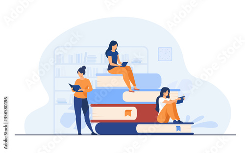 Book readers concept. People sitting on stack of books in library, women reading textbooks at home, students doing homework research. Flat vector illustration for knowledge, literature topics