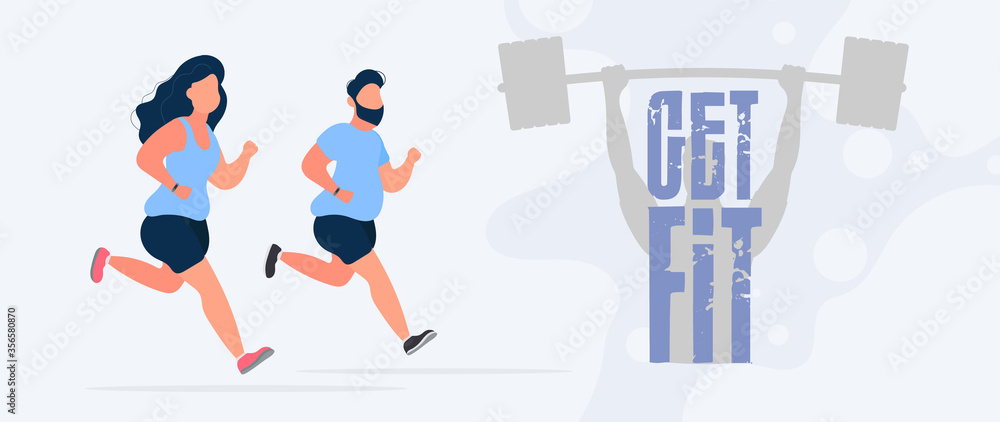 Get ready banner. Fat woman and man are running. Cardio workout, weight loss. The concept of losing weight and a healthy lifestyle. Vector. Get ready banner. Fat woman and man are running. Cardio workout, weight loss. The concept of losing weight and a healthy lifestyle. Vector.