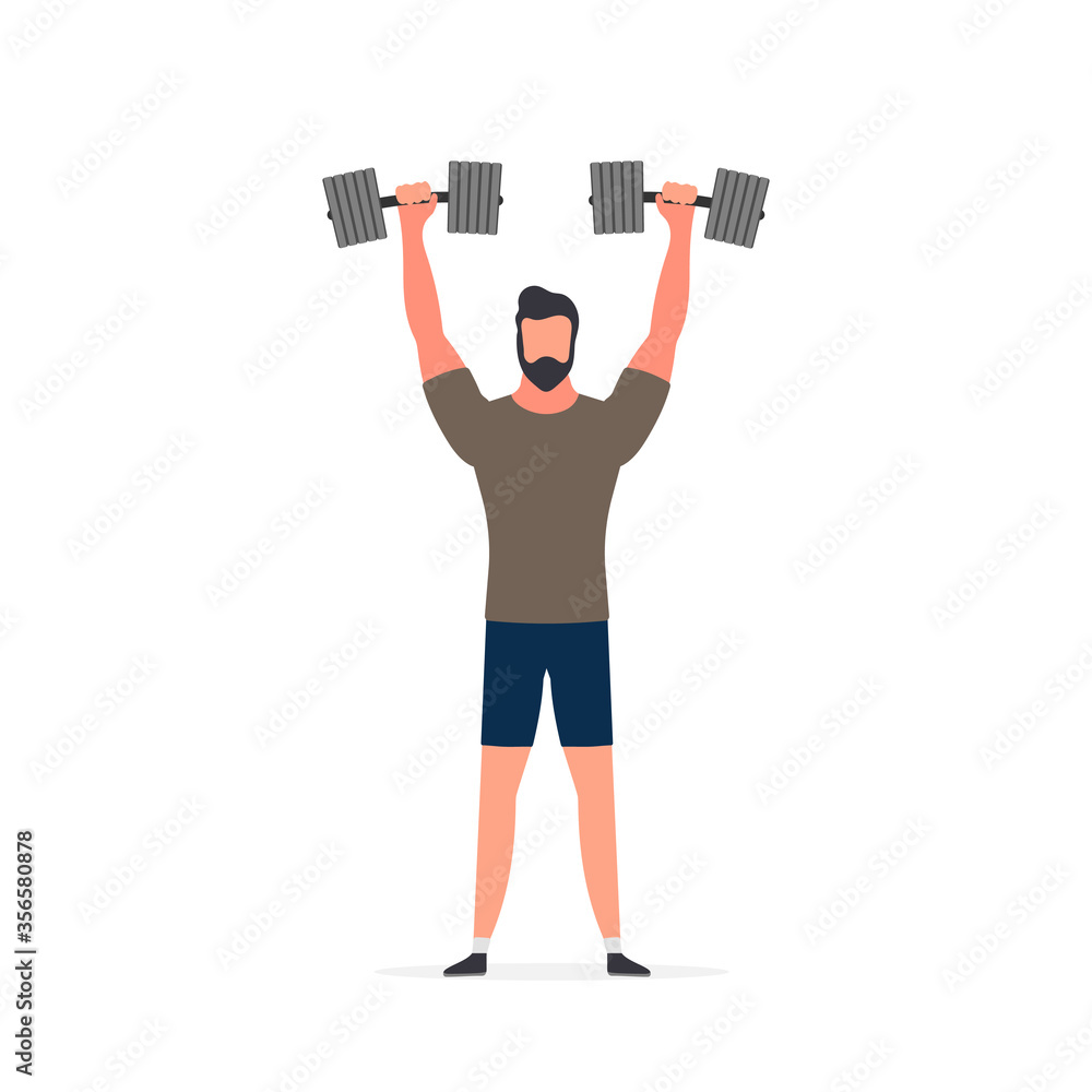 Spotsman with dumbbells. A man lifts dumbbells up. The concept of sport and healthy lifestyle. Isolated. Vector. Spotsman with dumbbells. A man lifts dumbbells up. The concept of sport and healthy lifestyle. Isolated. Vector.