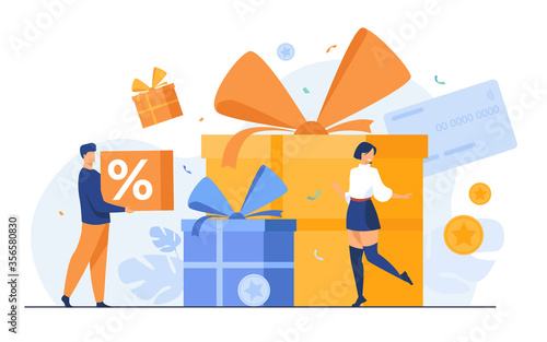 Loyalty program concept. People getting gifts and rewards from store, bonus points, discount. Flat vector illustration for promotion, commerce, sale, marketing topics