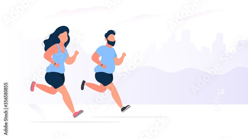 A fat girl and a guy are running around the park. Running fat woman and man on the street. The concept of losing weight and a healthy lifestyle. Vector.