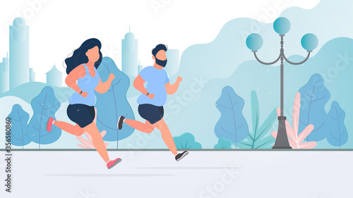 A fat girl and a guy are running around the park. Running fat woman and man on the street. The concept of losing weight and a healthy lifestyle. Vector.