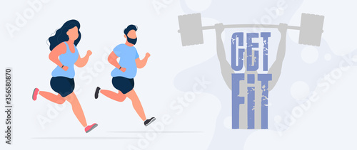 Get ready banner. Fat woman and man are running. Cardio workout, weight loss. The concept of losing weight and a healthy lifestyle. Vector.