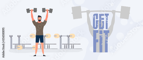 Get Fit Banner. Guy raises
dumbbells. A man holds a dumbbell. Training, losing weight. The concept of losing weight and a healthy lifestyle. Vector.