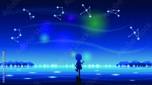 Abstract Beauty Sky With Stars Cloud Sun And Silhouette Girl Nature Background Vector Fairy Radiance © Дмитрий