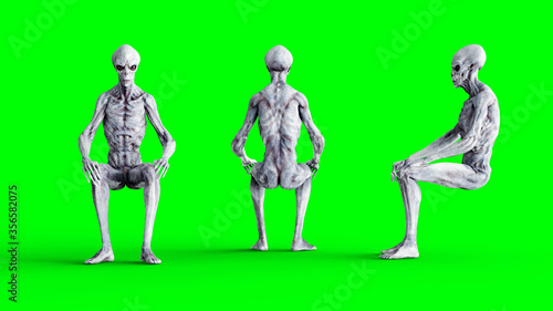 Alien isolate on green screen. UFO concept. Realistic 3d rendering.