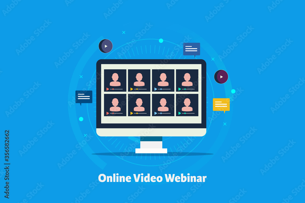 Video conferencing, online video webinar, live streaming with a group, online video calling for team concept. Internet technology and communication.