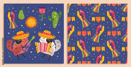 Mexico holiday. Little cute chinchillas in sombrero with accordion   cactus  sun  pear and flags. Mexican party. Latin America. Flat colourful vector seamless pattern  background. Card making.