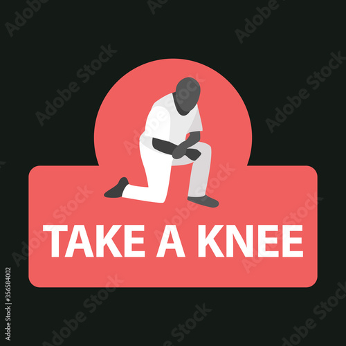 African american black man take a knee at protest against racism and police brutality. Peaceful quiet action. Sign symbol sticker protest against racial minorities. Vector flat illustration copy space