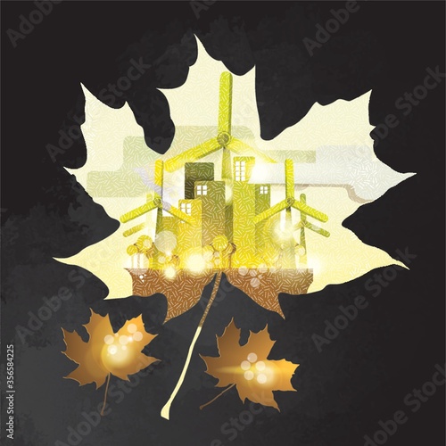 double exposure of maple leaf and factory