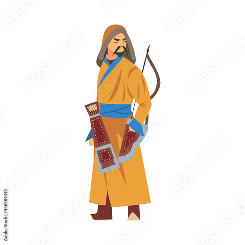 Mongol Warrior or Hunter, Central Asian Character in Traditional Clothing with Bow Vector Illustration