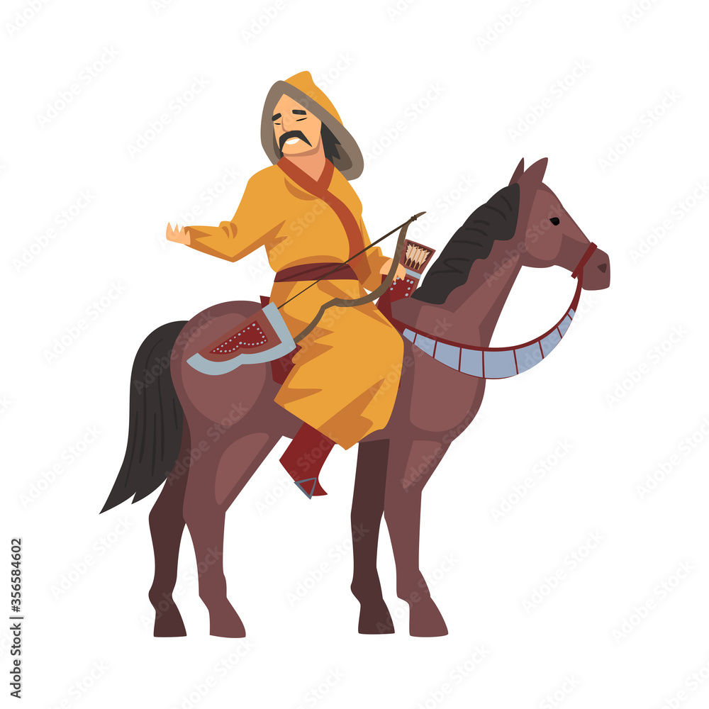 Mongol Nomad Warrior Riding Horse, Central Asian Character in Traditional Clothing Vector Illustration Mongol Nomad Warrior Riding Horse, Central Asian Character in Traditional Clothing Vector Illustration
