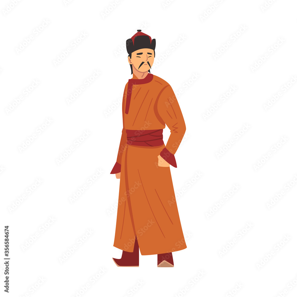 Nomad Mongol Man, Central Asian Character in Traditional Clothing Vector Illustration