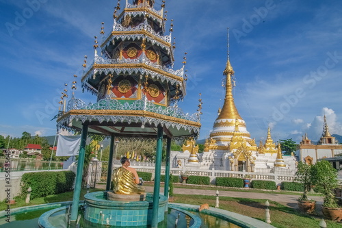 view of Golden Pagoda with blue sky background  Wat Chong Kham  Mae Hong Son  northern of Thailand.