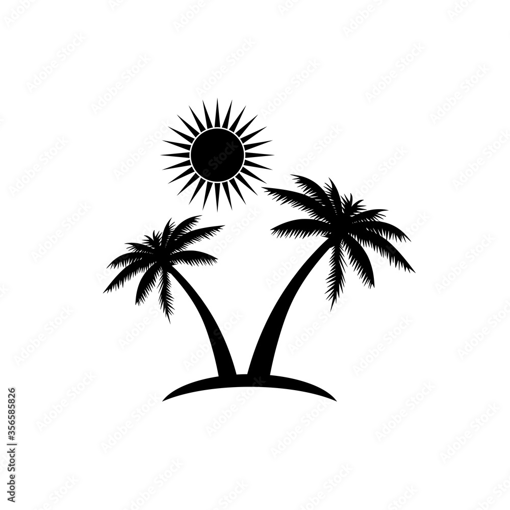 Island with palm trees and sun icon isolated on white background