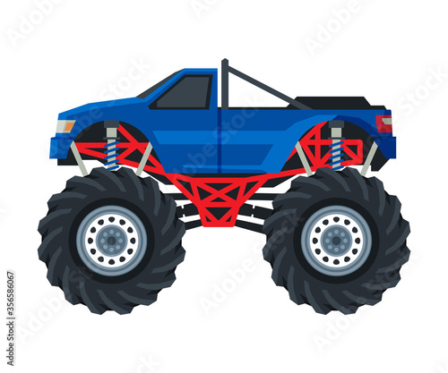 Monster Truck Vehicle  Pickup Car with Large Tires  Heavy Professional Transport Vector Illustration