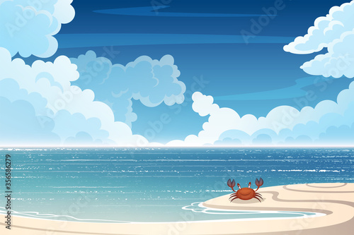 Tropical beach and sea landscape with little funny crab. 