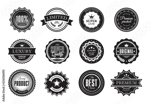Premium quality monochrome badges. Vintage seals and stamps, logos and emblems. Vector illustration for labels, certificates and warranty design