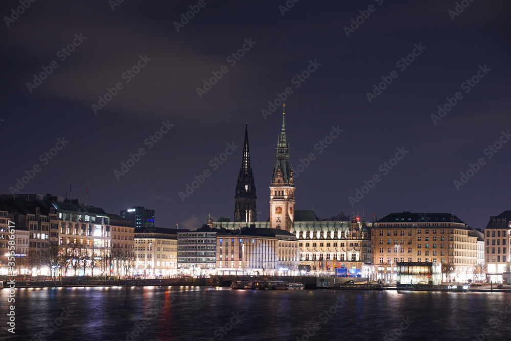 Night view of the old town and the skyline of Hamburg, Germany