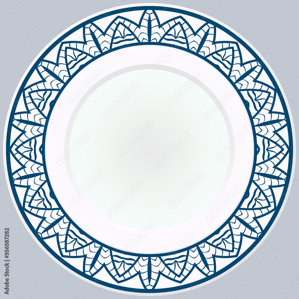 Decorative plate with round ornament in ethnic style. Fashion background with ornate dish. Vector illustration.