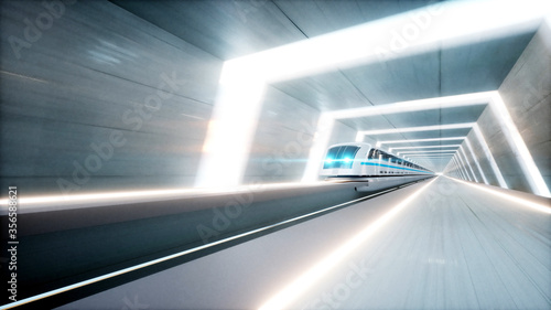 Fototapeta Naklejka Na Ścianę i Meble -  futuristic modern train, monorail fast driving in sci fi tunnel, coridor. Concept of future. 3d rendering.
