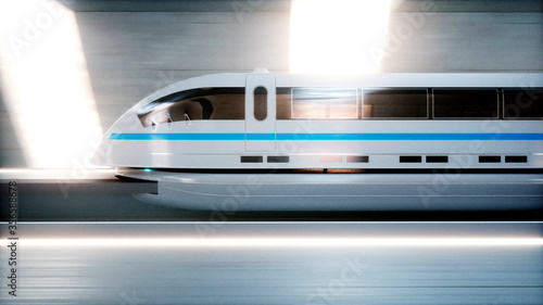 futuristic modern train, monorail fast driving in sci fi tunnel, coridor. Concept of future. 3d rendering.