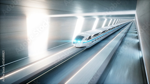 futuristic modern train  monorail fast driving in sci fi tunnel  coridor. Concept of future. 3d rendering.