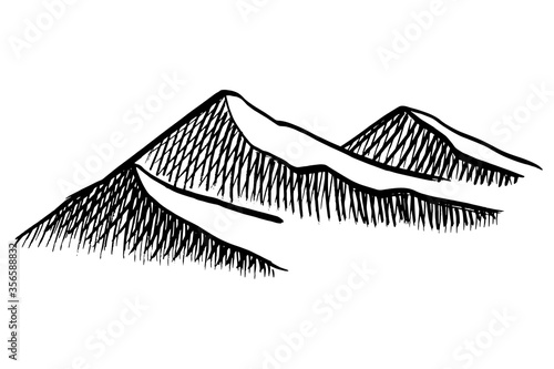 Three hills drawn picture in the engraving style. Vector illustration in black ink isolated on a white horizontal background.
