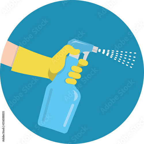 A gloved hand holds a bottle of detergent. Professional cleaning and disinfectant treatment for the prevention of coronavirus. Flat infographics. Vector illustration.