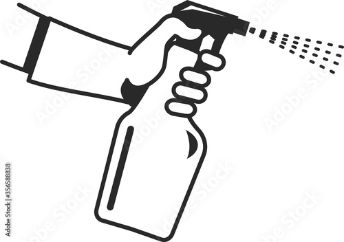 A gloved hand holds a bottle of detergent. Professional cleaning and disinfectant treatment for the prevention of coronavirus. Flat infographics. Vector illustration.